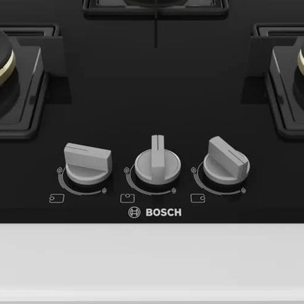 Bosch Built in Gas Hob Black Tempered glass Glass 3 Burner Auto Ignition 75 cm True Brass 2D Ring Burners with Glossy Black Heat Shields & Enameld pan supports (PND7B6F10I) 
