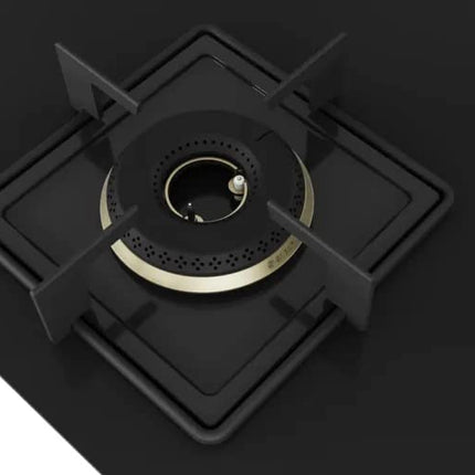 Bosch Built in Gas Hob Black Tempered glass Glass 3 Burner Auto Ignition 75 cm True Brass 2D Ring Burners with Glossy Black Heat Shields & Enameld pan supports (PND7B6F10I) 