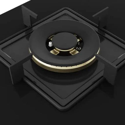 Bosch Built in Gas Hob Black Tempered glass Glass 3 Burner Auto Ignition 75 cm True Brass 2D Ring Burners with Glossy Black Heat Shields & Enameld pan supports (PND7B6F10I) 