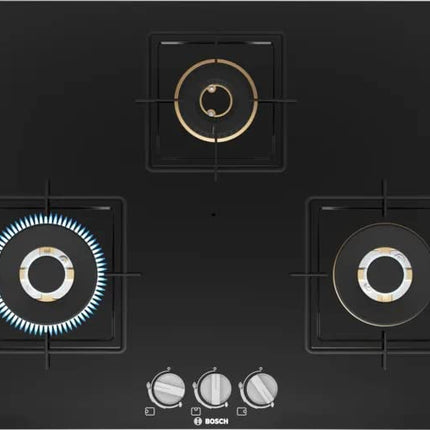 Bosch Built in Gas Hob Black Tempered glass Glass 3 Burner Auto Ignition 75 cm True Brass 2D Ring Burners with Glossy Black Heat Shields & Enameld pan supports (PND7B6F10I) 