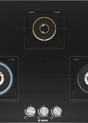 Bosch Built in Gas Hob Black Tempered glass Glass 3 Burner Auto Ignition 75 cm True Brass 2D Ring Burners with Glossy Black Heat Shields & Enameld pan supports (PND7B6F10I) 