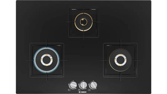 Bosch Built in Gas Hob Black Tempered glass Glass 3 Burner Auto Ignition 75 cm True Brass 2D Ring Burners with Glossy Black Heat Shields & Enameld pan supports (PND7B6F10I) 