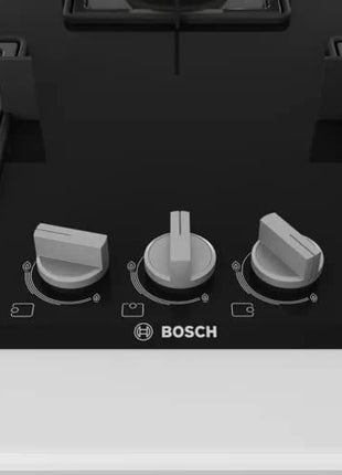 Bosch Built in Gas Hob Black Tempered glass Glass 3 Burner Auto Ignition 75 cm True Brass 2D Ring Burners with Glossy Black Heat Shields & Enameld pan supports (PND7B6F10I) 
