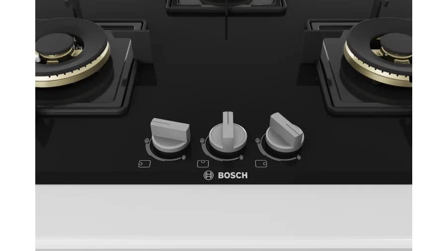 Bosch Built in Gas Hob Black Tempered glass Glass 3 Burner Auto Ignition 75 cm True Brass 2D Ring Burners with Glossy Black Heat Shields & Enameld pan supports (PND7B6F10I) 
