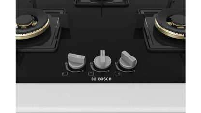Bosch Built in Gas Hob Black Tempered glass Glass 3 Burner Auto Ignition 75 cm True Brass 2D Ring Burners with Glossy Black Heat Shields & Enameld pan supports (PND7B6F10I) 