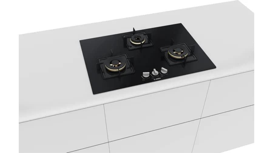 Bosch Built in Gas Hob Black Tempered glass Glass 3 Burner Auto Ignition 75 cm True Brass 2D Ring Burners with Glossy Black Heat Shields & Enameld pan supports (PND7B6F10I) 