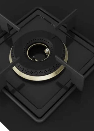 Bosch Built in Gas Hob Black Tempered glass Glass 3 Burner Auto Ignition 75 cm True Brass 2D Ring Burners with Glossy Black Heat Shields & Enameld pan supports (PND7B6F10I) 