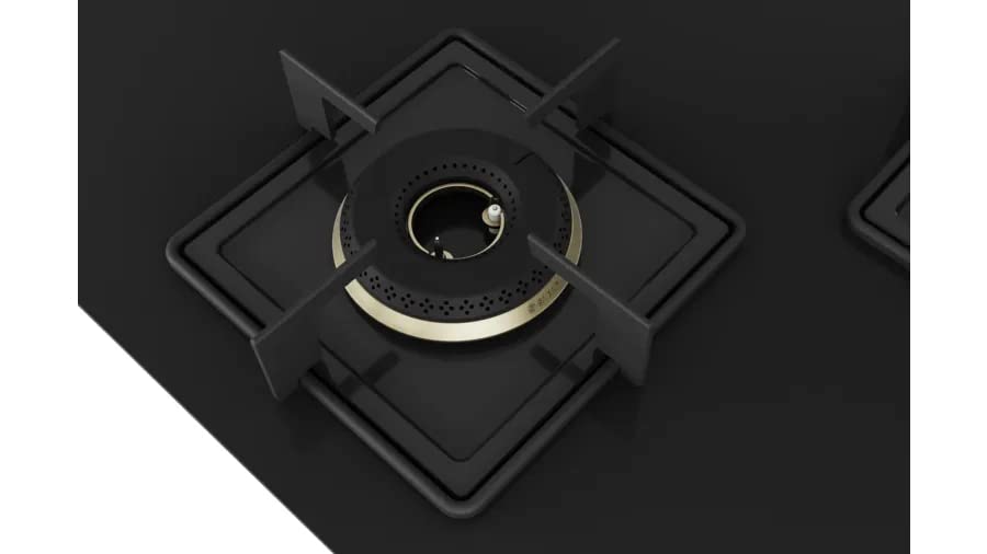 Bosch Built in Gas Hob Black Tempered glass Glass 3 Burner Auto Ignition 75 cm True Brass 2D Ring Burners with Glossy Black Heat Shields & Enameld pan supports (PND7B6F10I) 