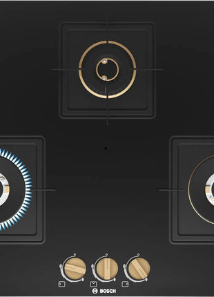 Bosch Built in Gas Hob Black Tempered glass Glass 3 Burner Auto Ignition 75 cm True Brass 2D Ring Burners with Matt Black Heat Shields & Cast Iron pan supports (PND7B6F20I) 