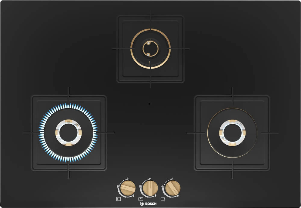 Bosch Built in Gas Hob Black Tempered glass Glass 3 Burner Auto Ignition 75 cm True Brass 2D Ring Burners with Matt Black Heat Shields & Cast Iron pan supports (PND7B6F20I)
