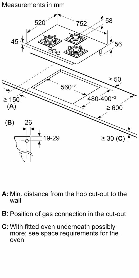 Bosch Built in Gas Hob Black Tempered glass Glass 3 Burner Auto Ignition 75 cm True Brass 2D Ring Burners with Matt Black Heat Shields & Cast Iron pan supports (PND7B6F20I) 