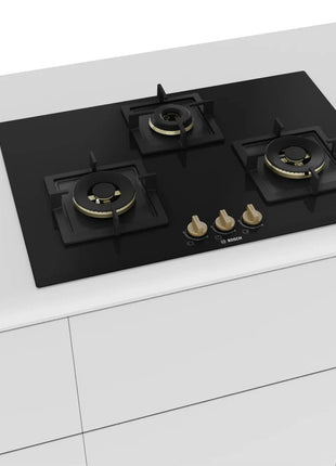 Bosch Built in Gas Hob Black Tempered glass Glass 3 Burner Auto Ignition 75 cm True Brass 2D Ring Burners with Matt Black Heat Shields & Cast Iron pan supports (PND7B6F20I) 