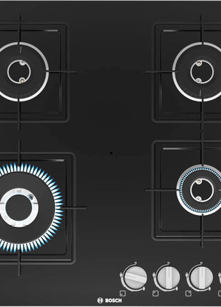 Bosch Built in Gas Hob Black Tempered glass Glass 4 Burner Auto Ignition 60 cm Italian Double Ring Burners (PNH6B6B12I) 