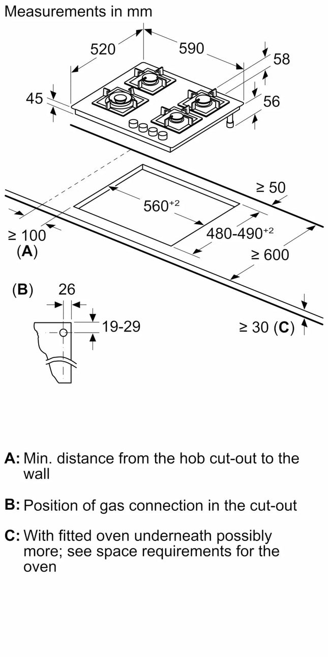 Bosch Built in Gas Hob Black Tempered glass Glass 4 Burner Auto Ignition 60 cm Italian Double Ring Burners (PNH6B6B12I) 