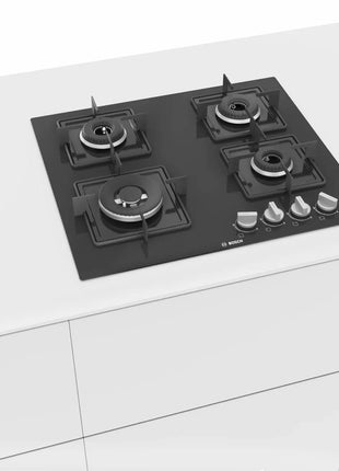 Bosch Built in Gas Hob Black Tempered glass Glass 4 Burner Auto Ignition 60 cm Italian Double Ring Burners (PNH6B6B12I) 