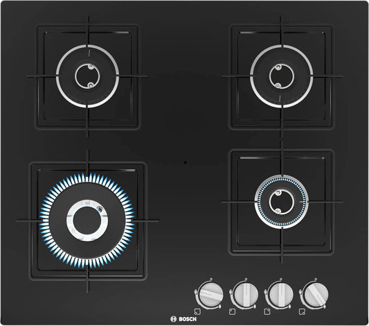 Bosch Built in Gas Hob Black Tempered glass Glass 4 Burner Auto Ignition 60 cm Italian Double Ring Burners (PNH6B6B12I) 