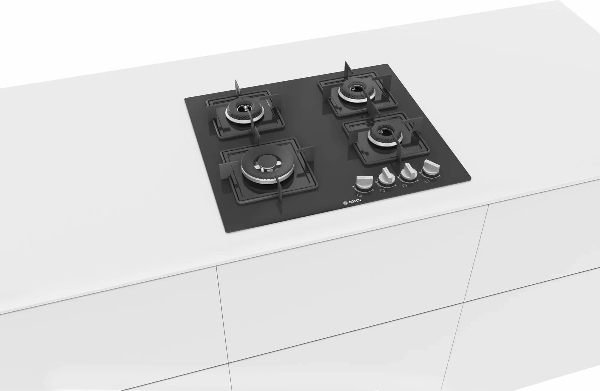 Bosch Built in Gas Hob Black Tempered glass Glass 4 Burner Auto Ignition 60 cm Italian Double Ring Burners (PNH6B6B12I) 