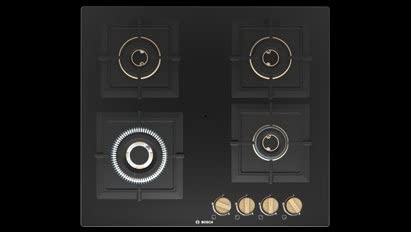 Bosch Built in Gas Hob Black Tempered glass Glass 4 Burner Auto Ignition 60 cm True Brass 2D Ring Burners with Matt Black Heat Shields & Cast Iron pan supports (PNH6B6F20I)