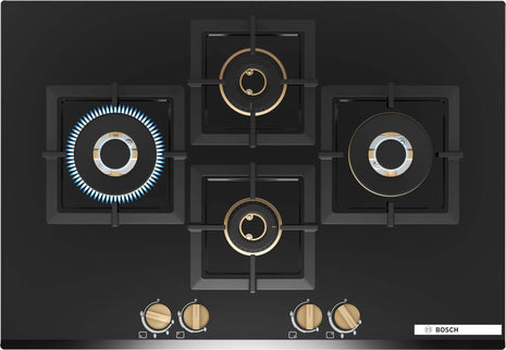 Bosch Built in Gas Hob Black Tempered glass Glass 4 Burner Auto Ignition 75 cm Full Brass 3D Ring Burners with Matt Black Heat Shields & Cast Iron pan supports (PNI7B6G20I) 