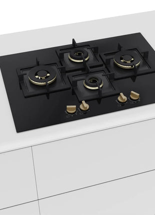 Bosch Built in Gas Hob Black Tempered glass Glass 4 Burner Auto Ignition 75 cm Full Brass 3D Ring Burners with Matt Black Heat Shields & Cast Iron pan supports (PNI7B6G20I) 