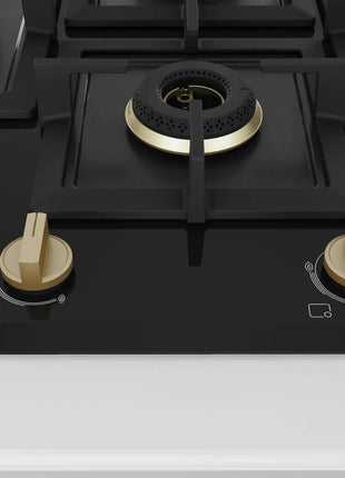 Bosch Built in Gas Hob Black Tempered glass Glass 4 Burner Auto Ignition 75 cm Full Brass 3D Ring Burners with Matt Black Heat Shields & Cast Iron pan supports (PNI7B6G20I) 
