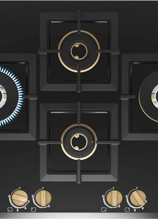 Bosch Built in Gas Hob Black Tempered glass Glass 4 Burner Auto Ignition 75 cm Full Brass 3D Ring Burners with Matt Black Heat Shields & Cast Iron pan supports (PNI7B6G20I) 