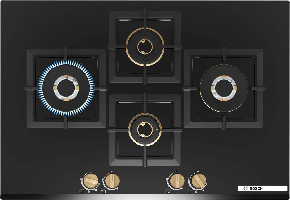 Bosch Built in Gas Hob Black Tempered glass Glass 4 Burner Auto Ignition 75 cm Full Brass 3D Ring Burners with Matt Black Heat Shields & Cast Iron pan supports (PNI7B6G20I) price under 30000