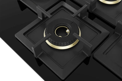 Bosch Built in Gas Hob Black Tempered glass Glass 4 Burner Auto Ignition 75 cm Full Brass 3D Ring Burners with Matt Black Heat Shields & Cast Iron pan supports (PNI7B6G20I) 