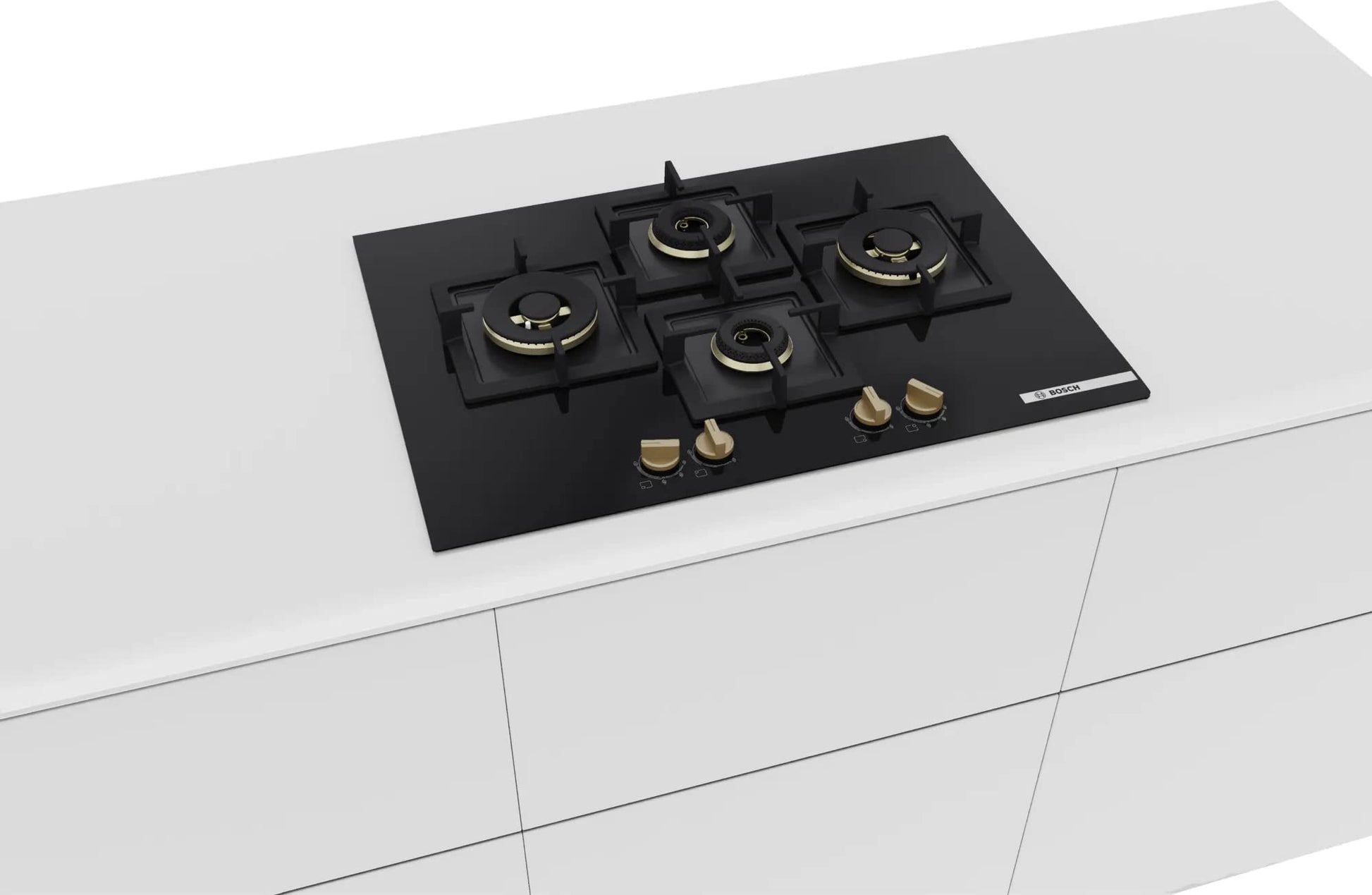 Bosch Built in Gas Hob Black Tempered glass Glass 4 Burner Auto Ignition 75 cm Full Brass 3D Ring Burners with Matt Black Heat Shields & Cast Iron pan supports (PNI7B6G20I) 