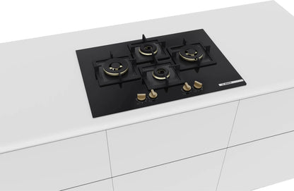 Bosch Built in Gas Hob Black Tempered glass Glass 4 Burner Auto Ignition 75 cm Full Brass 3D Ring Burners with Matt Black Heat Shields & Cast Iron pan supports (PNI7B6G20I) 