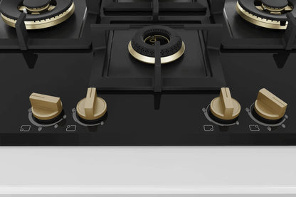 Bosch Built in Gas Hob Black Tempered glass Glass 4 Burner Auto Ignition 75 cm Full Brass 3D Ring Burners with Matt Black Heat Shields & Cast Iron pan supports (PNI7B6G20I) 
