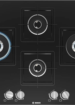 Bosch Built in Gas Hob Black Tempered glass Glass 4 Burner Auto Ignition 75 cm Italian Double Ring Burners (PNI7B6B10I) 