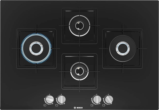 Bosch Built in Gas Hob Black Tempered glass Glass 4 Burner Auto Ignition 75 cm Italian Double Ring Burners (PNI7B6B10I) 
