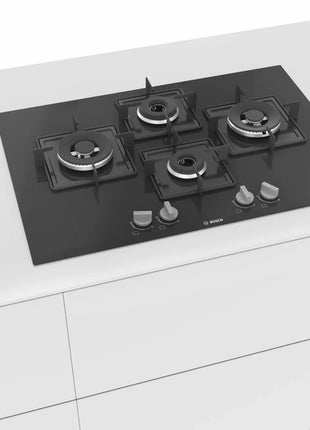 Bosch Built in Gas Hob Black Tempered glass Glass 4 Burner Auto Ignition 75 cm Italian Double Ring Burners (PNI7B6B10I) 
