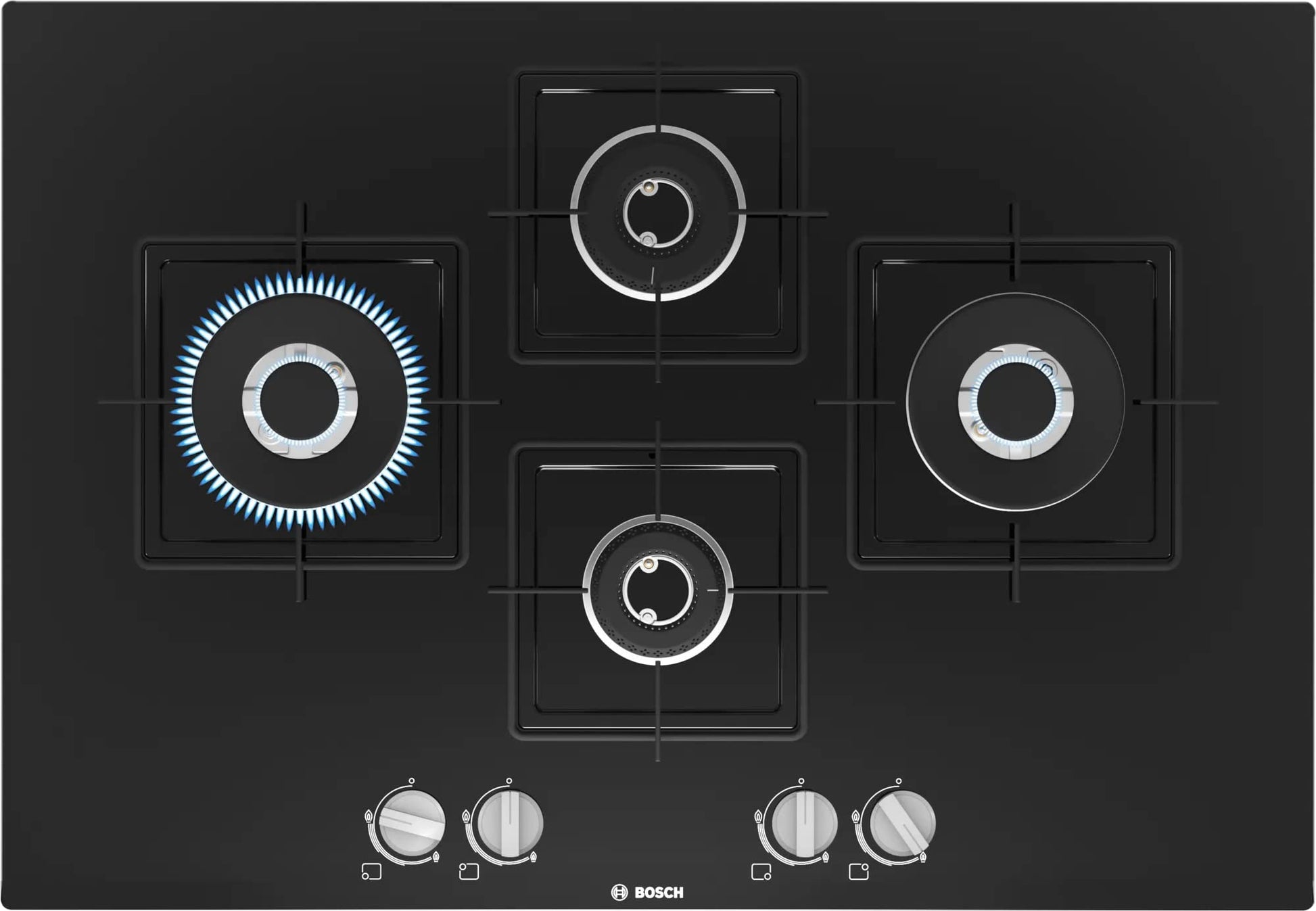 Bosch Built in Gas Hob Black Tempered glass Glass 4 Burner Auto Ignition 75 cm Italian Double Ring Burners (PNI7B6B10I) 