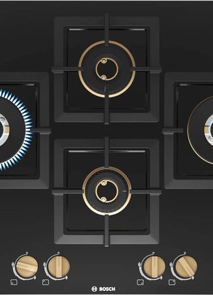 Bosch Built in Gas Hob Black Tempered glass Glass 4 Burner Auto Ignition 75 cm True Brass 2D Ring Burners with Matt Black Heat Shields & Cast Iron pan supports (PNI7B6F20I) 