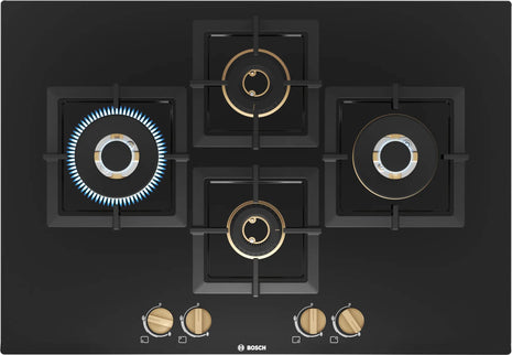 Bosch Built in Gas Hob Black Tempered glass Glass 4 Burner Auto Ignition 75 cm True Brass 2D Ring Burners with Matt Black Heat Shields & Cast Iron pan supports (PNI7B6F20I) 