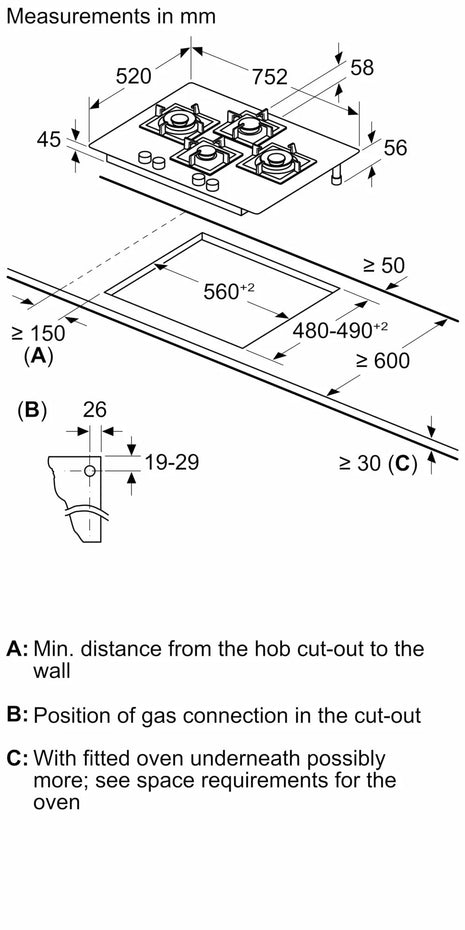 Bosch Built in Gas Hob Black Tempered glass Glass 4 Burner Auto Ignition 75 cm True Brass 2D Ring Burners with Matt Black Heat Shields & Cast Iron pan supports (PNI7B6F20I) 