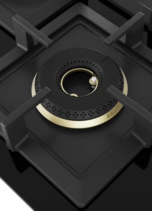 Bosch Built in Gas Hob Black Tempered glass Glass 4 Burner Auto Ignition 75 cm True Brass 2D Ring Burners with Matt Black Heat Shields & Cast Iron pan supports (PNI7B6F20I) 