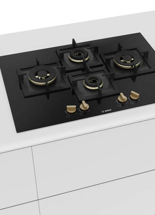 Bosch Built in Gas Hob Black Tempered glass Glass 4 Burner Auto Ignition 75 cm True Brass 2D Ring Burners with Matt Black Heat Shields & Cast Iron pan supports (PNI7B6F20I) 