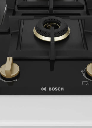 Bosch Built in Gas Hob Black Tempered glass Glass 4 Burner Auto Ignition 75 cm True Brass 2D Ring Burners with Matt Black Heat Shields & Cast Iron pan supports (PNI7B6F20I) 