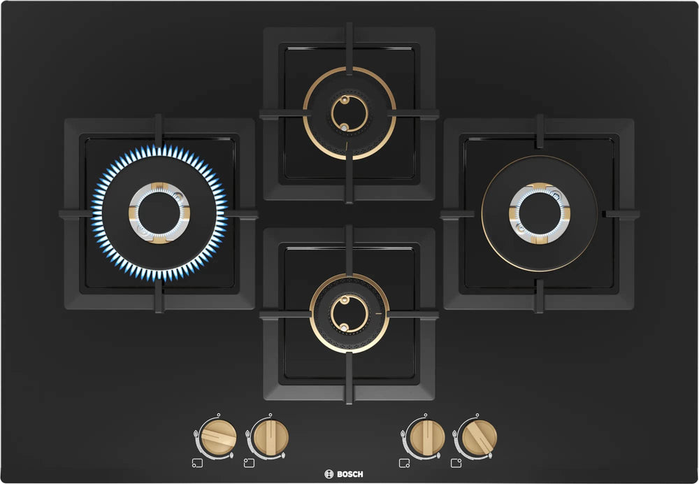 Bosch Built in Gas Hob Black Tempered glass Glass 4 Burner Auto Ignition 75 cm True Brass 2D Ring Burners with Matt Black Heat Shields & Cast Iron pan supports (PNI7B6F20I) price under 30000