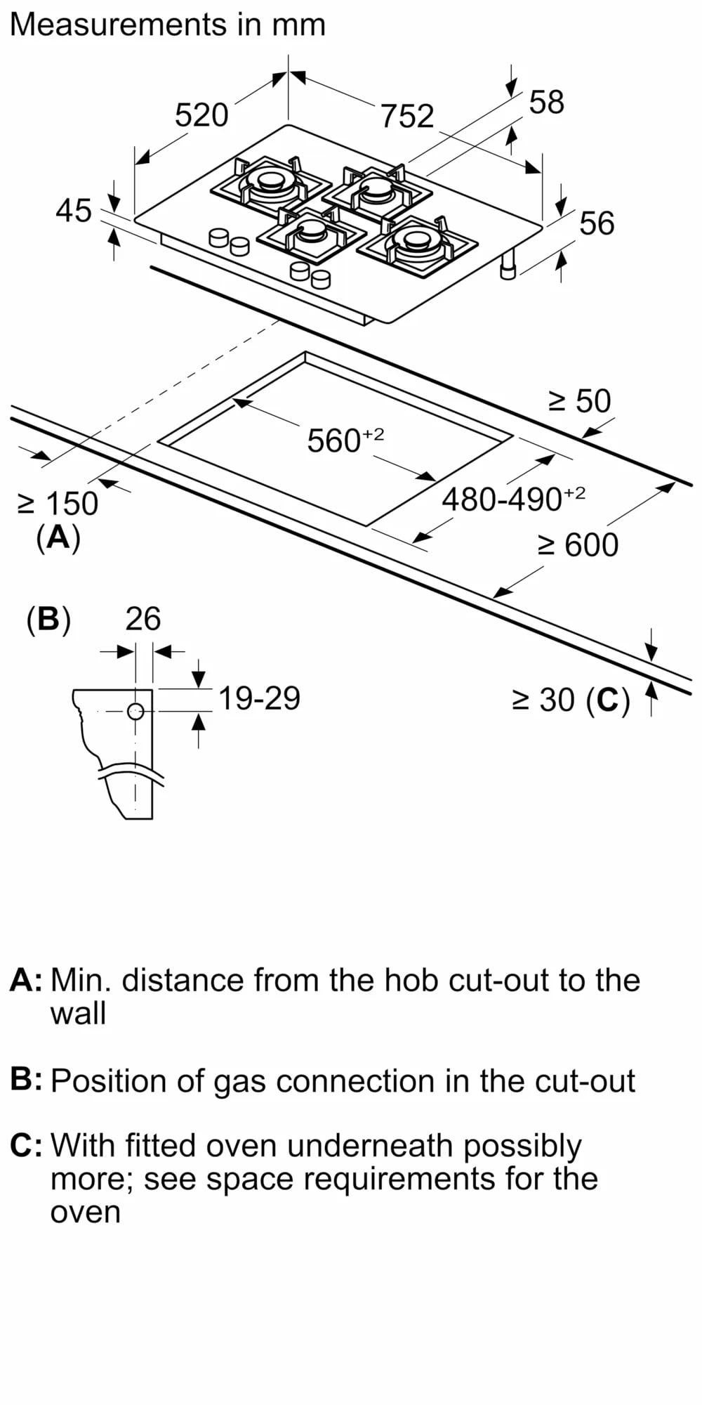 Bosch Built in Gas Hob Black Tempered glass Glass 4 Burner Auto Ignition 75 cm True Brass 2D Ring Burners with Matt Black Heat Shields & Cast Iron pan supports (PNI7B6F20I) 