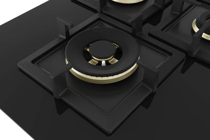 Bosch Built in Gas Hob Black Tempered glass Glass 4 Burner Auto Ignition 75 cm True Brass 2D Ring Burners with Matt Black Heat Shields & Cast Iron pan supports (PNI7B6F20I) 