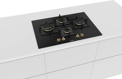 Bosch Built in Gas Hob Black Tempered glass Glass 4 Burner Auto Ignition 75 cm True Brass 2D Ring Burners with Matt Black Heat Shields & Cast Iron pan supports (PNI7B6F20I) 