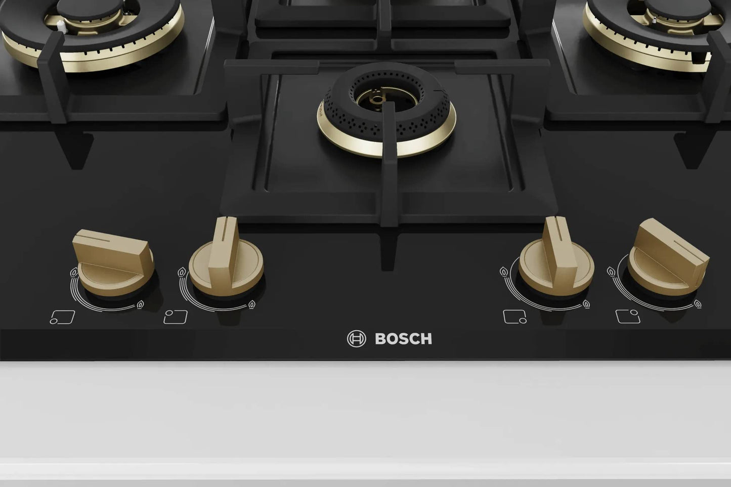 Bosch Built in Gas Hob Black Tempered glass Glass 4 Burner Auto Ignition 75 cm True Brass 2D Ring Burners with Matt Black Heat Shields & Cast Iron pan supports (PNI7B6F20I) 