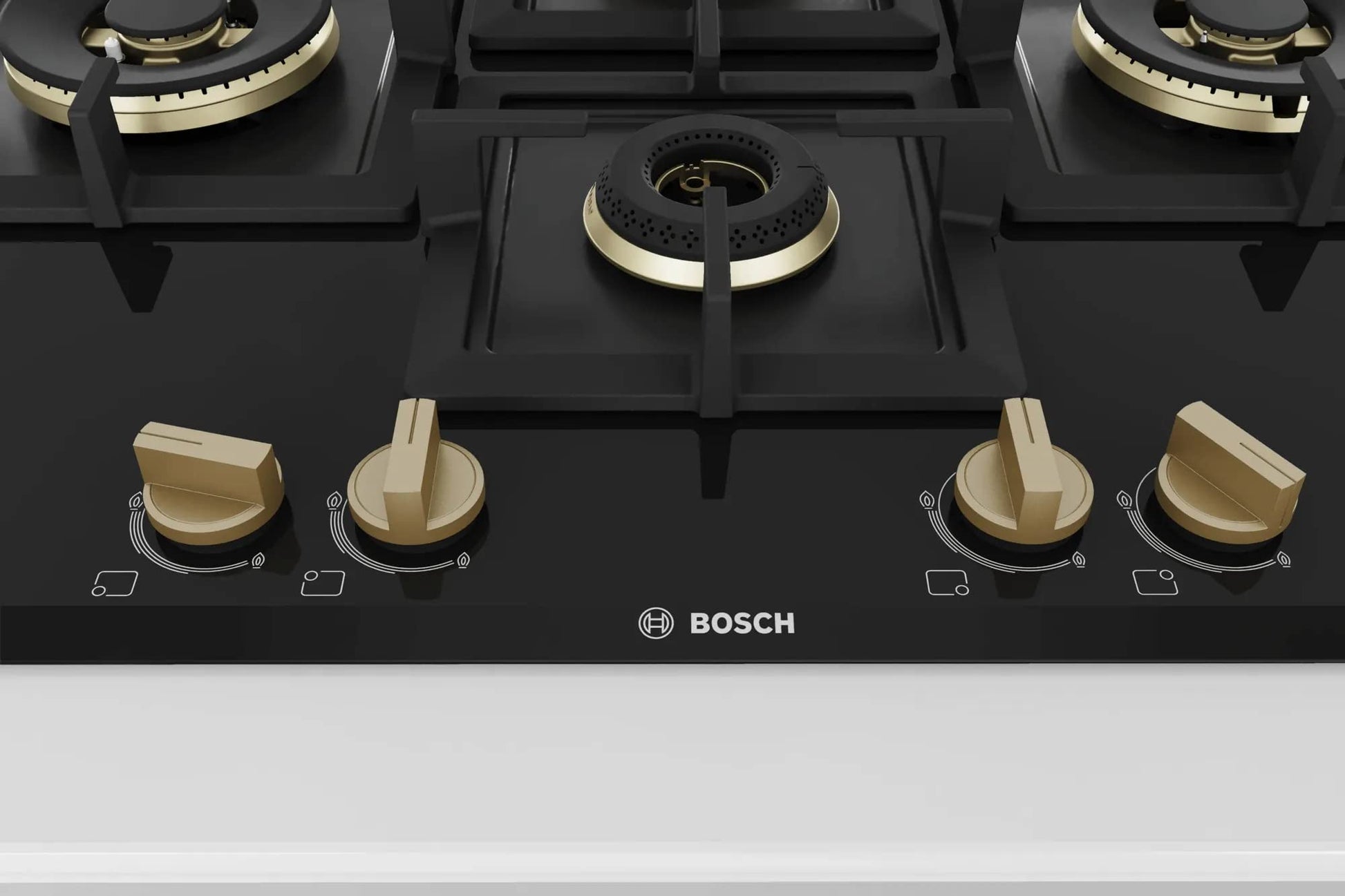 Bosch Built in Gas Hob Black Tempered glass Glass 4 Burner Auto Ignition 75 cm True Brass 2D Ring Burners with Matt Black Heat Shields & Cast Iron pan supports (PNI7B6F20I) 
