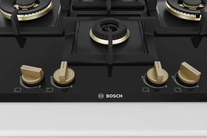 Bosch Built in Gas Hob Black Tempered glass Glass 4 Burner Auto Ignition 75 cm True Brass 2D Ring Burners with Matt Black Heat Shields & Cast Iron pan supports (PNI7B6F20I) 