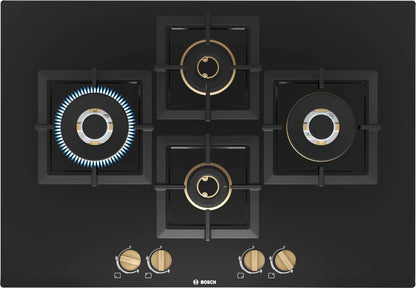 Bosch Built in Gas Hob Black Tempered glass Glass 4 Burner Auto Ignition 75 cm True Brass 2D Ring Burners with Matt Black Heat Shields & Cast Iron pan supports (PNI7B6F20I) 