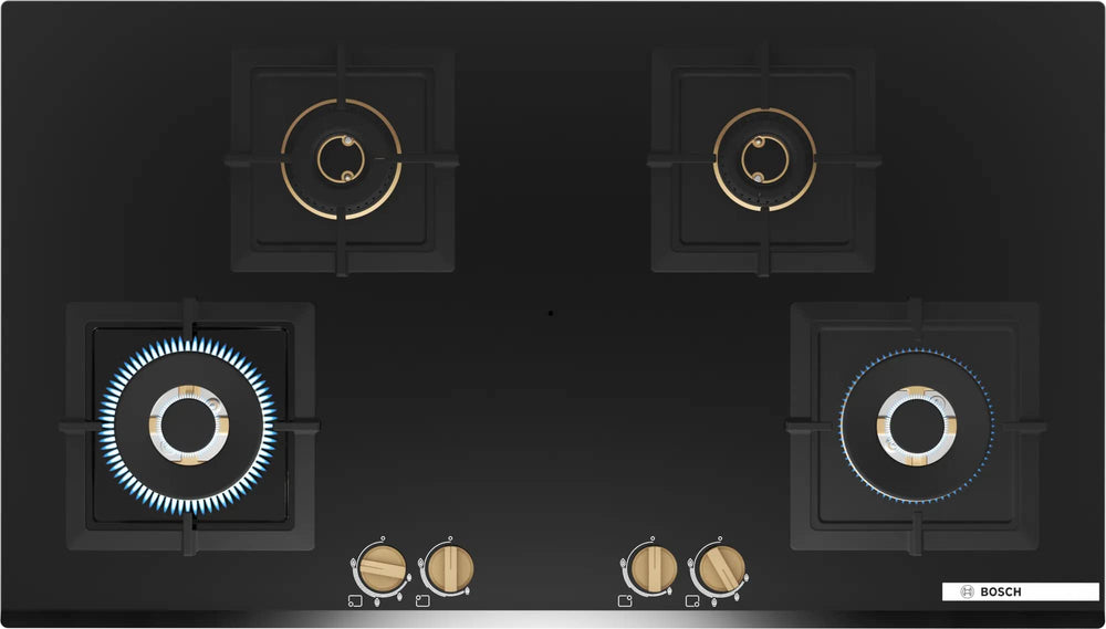 Bosch Built in Gas Hob Black Tempered glass Glass 4 Burner Auto Ignition 90 cm Full Brass 3D Ring Burners with Matt Black Heat Shields & Cast Iron pan supports (PNF9B6G20I)